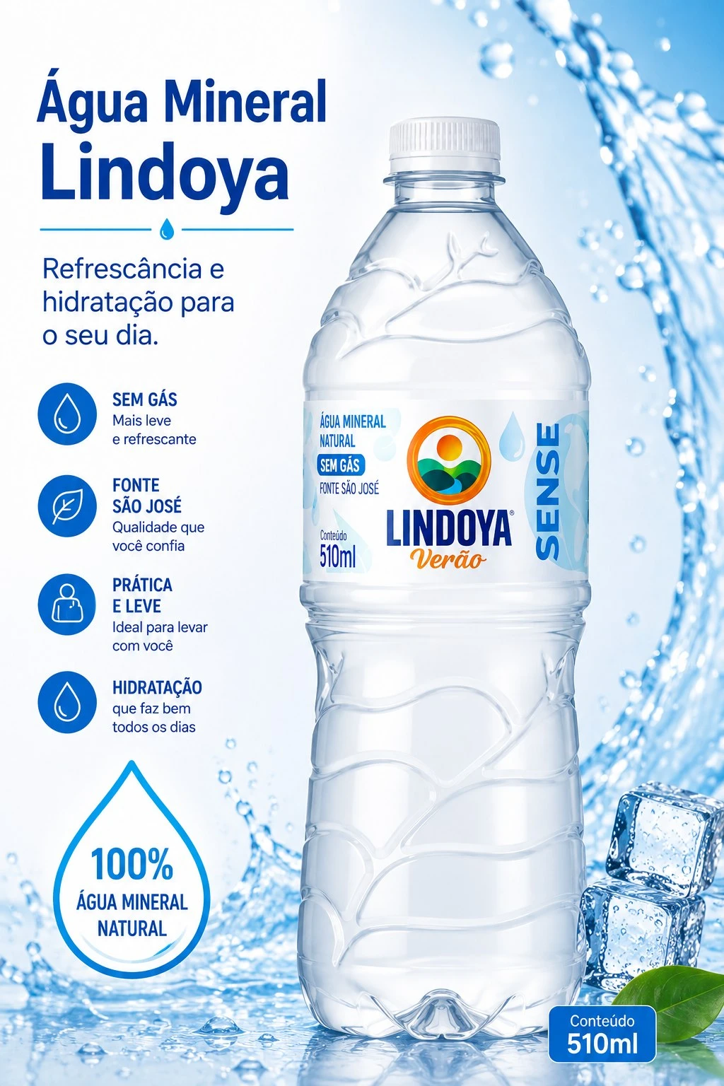 Água Mineral Lindoya Verão Sense Sem Gás Pet 510 ml Caixa C12 Un