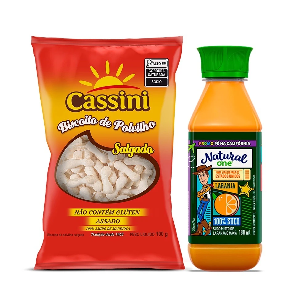 KIT Biscoito Cassini Tradicional 40g + Suco de Laranja Natural One 180ml